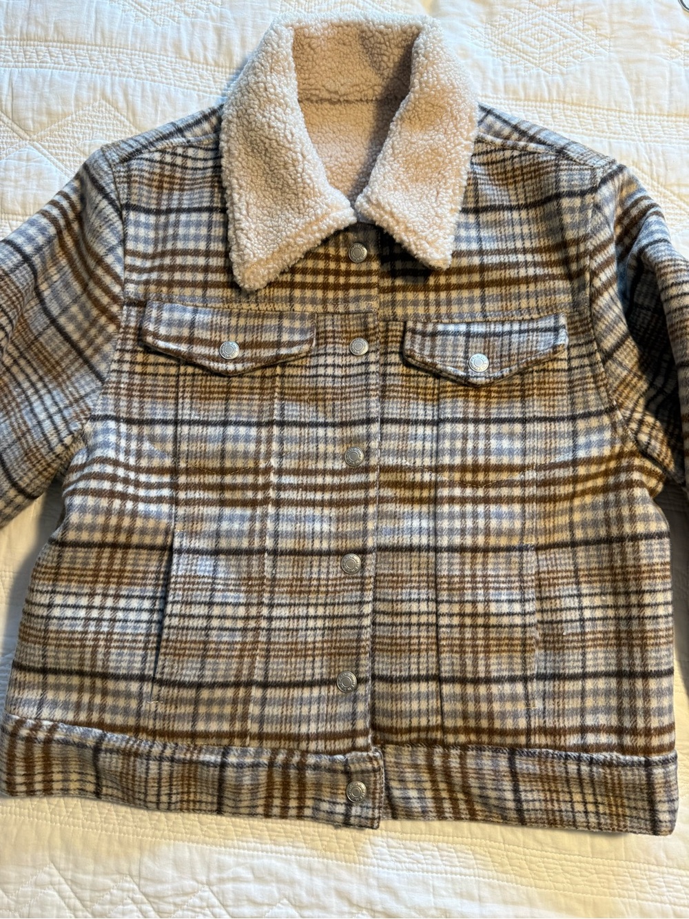 Sundance Brown and Cream Plaid Sherpa-Collar Bomber Jacket; sherpa lined